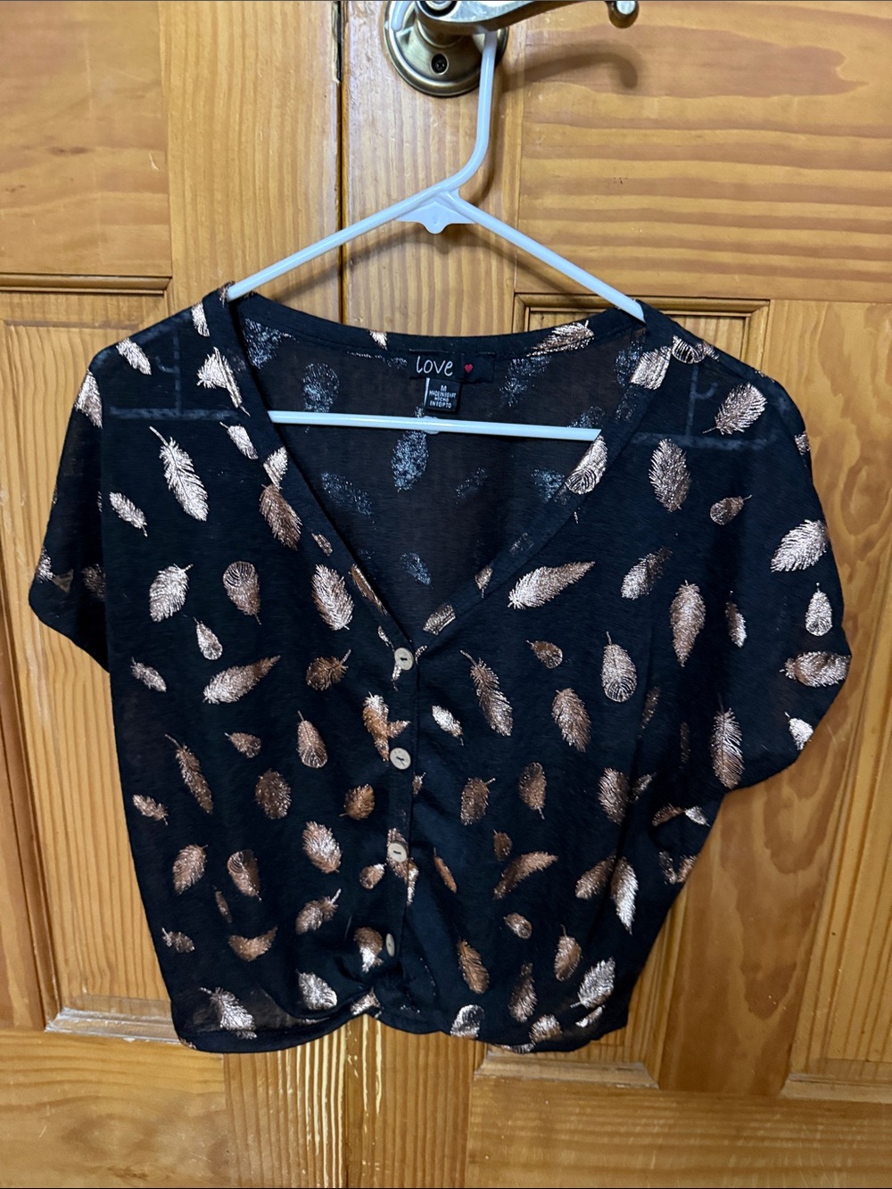 Love Black Crop Top with Metallic Copper Feather Print